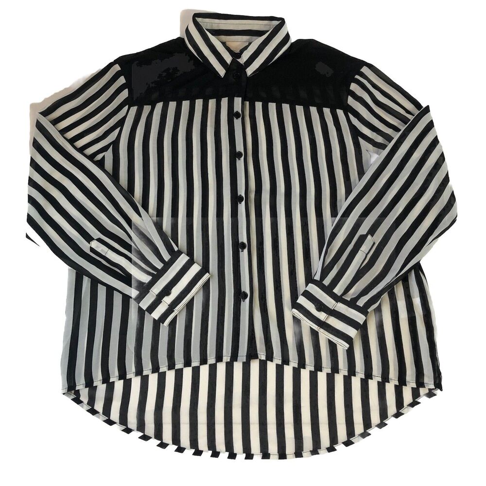 Nom de Plume by YAYA Sheer Striped blouse High Low Hem Size Small